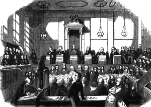 Een advocaat aan het werk in de Engelse Old Bailey in 1842